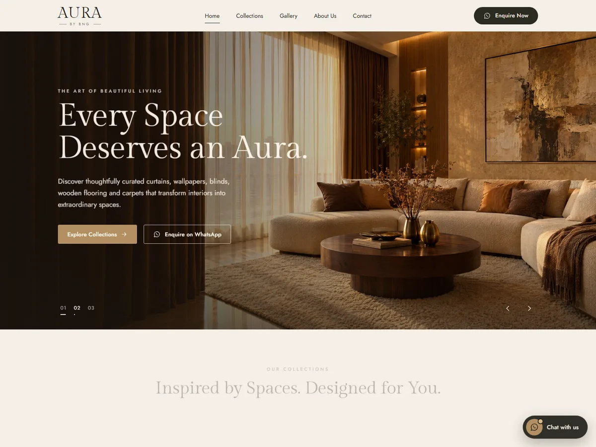 Aura By BNG homepage: “Every Space Deserves an Aura” over a warmly lit living room