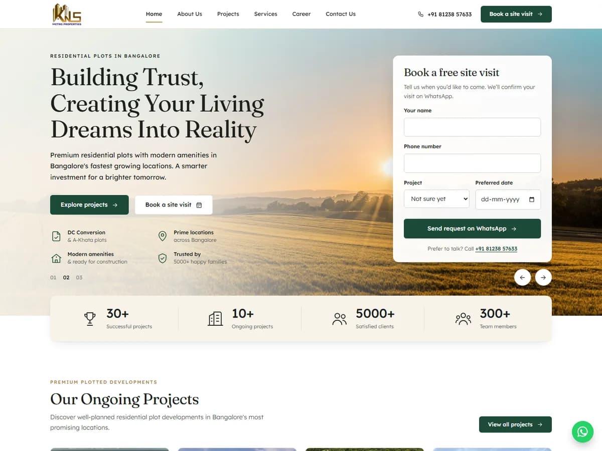 KNS Metro Properties homepage: “Building Trust, Creating Your Living Dreams Into Reality” with a site visit booking form