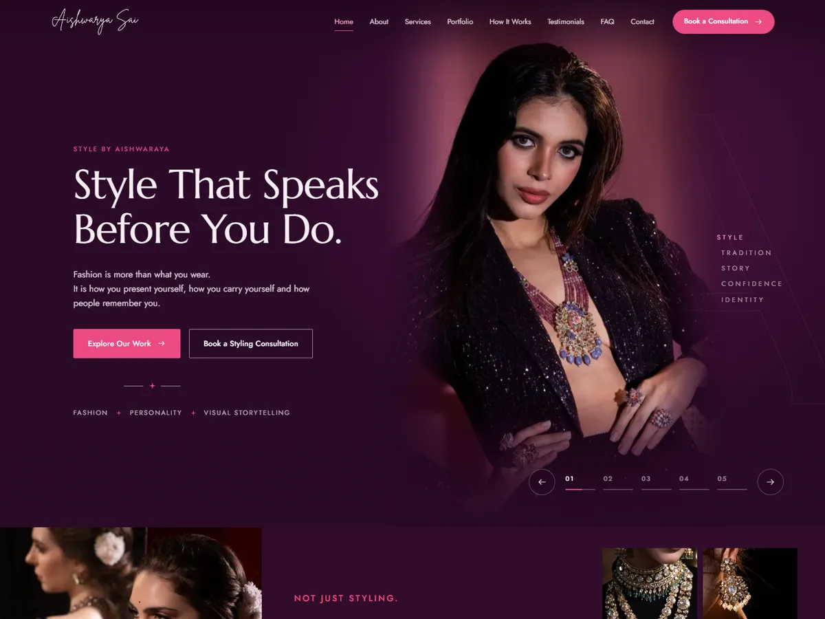 Style by Aishwaraya homepage: “Style That Speaks Before You Do.” beside a portrait of a model in a sequinned outfit