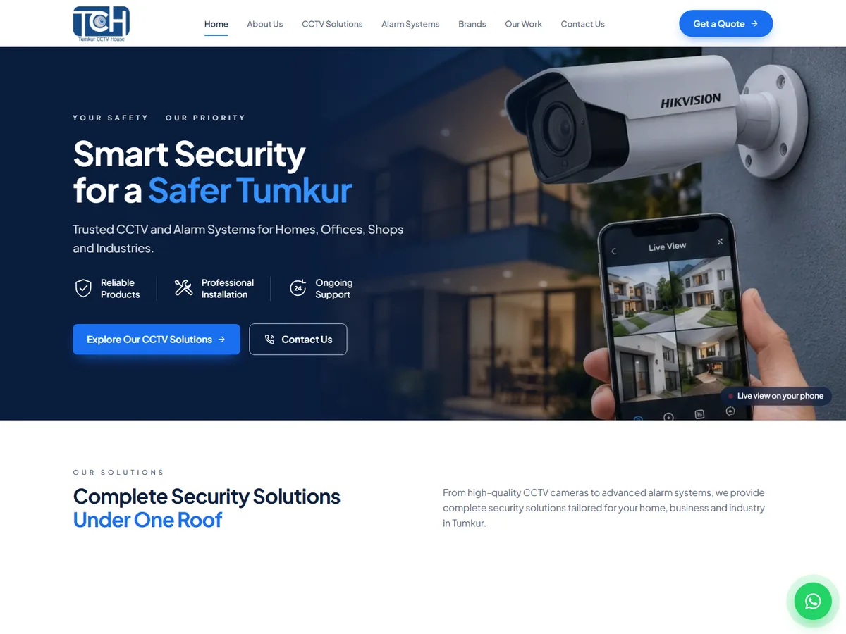 Tumkur CCTV House homepage: “Smart Security for a Safer Tumkur” beside a CCTV camera and live view on a phone
