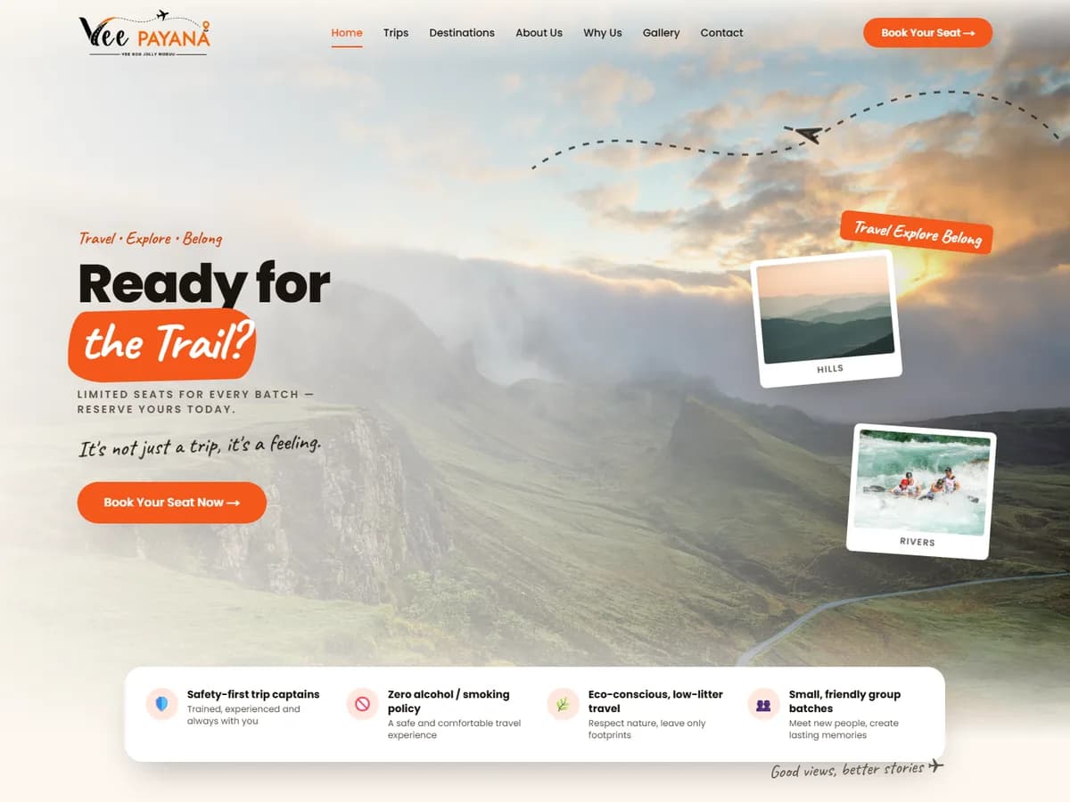 Vee Payana homepage: “Ready for the Trail?” over misty green hills with a Book Your Seat button